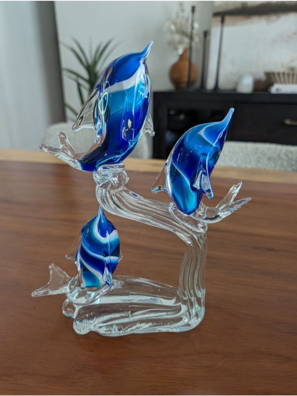 Triple Dolphins Handblown Art Glass Figurine Blue & White Decor 8 1/2"